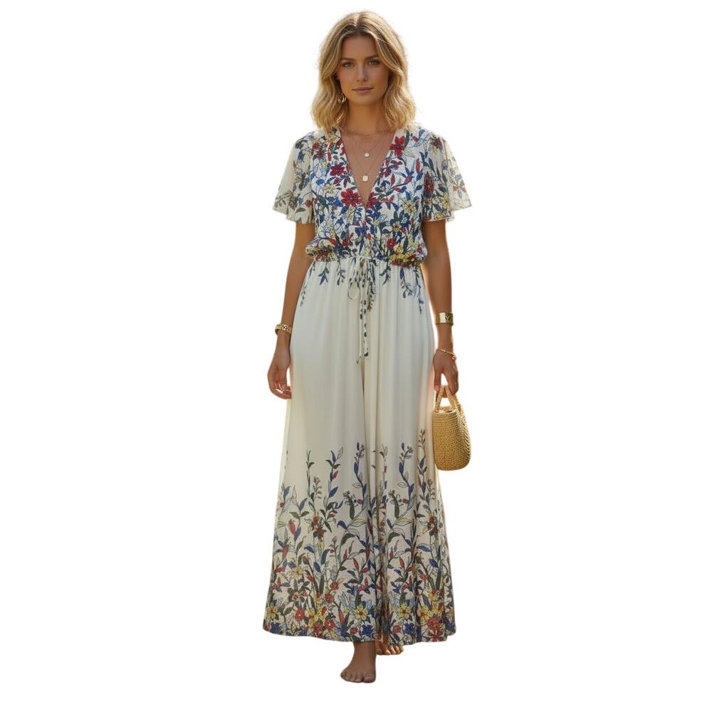 CUPSHE Floral Cotton Maxi Cover‑Up Front Tie V‑Neck Empire Waist One Size - Picture 7 of 7